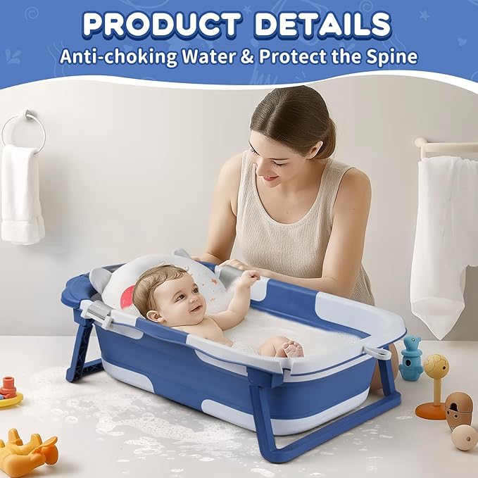 Baby Bathtub,Collapsible Baby Bath Tub with Thermometer & Soft Floating Cushion,Portable Travel Baby Bathtubs for Newborns to Toddlers 0-36 Months(Bear Blue)-CubbioJoy