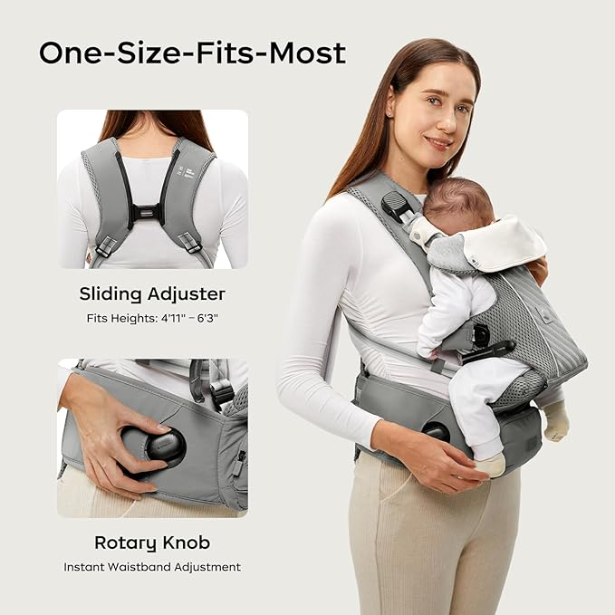Bc Babycare Hexa Effortless Baby Carrier with Hip Seat - Ergonomic Toddler Carrier (13.2-33 lbs), Adjustable Slide Lock & Knob, Hip-Healthy Design for Parent's Back Relief, Gray-CubbioJoy