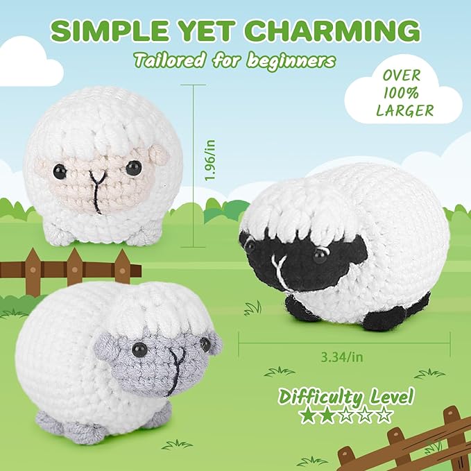 Crochet Kit for Beginners, Crochet Starter Kit with Step-by-Step Video Tutorials, Amigurumi Crochet DIY Knitting Supplies for Adults Kids, 3-Pack Little Lambs (40%+ Yarn)-CubbioJoy