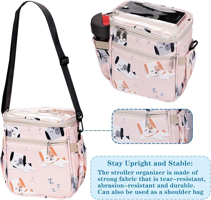 Baby Stroller Organizer Bag，Small Diaper Bag - Universal Stroller Organizer With Insulated Cup Holder,Pocket With Baby Wipes Dispenser，Adjustable Shoulder Strap(pink)-CubbioJoy