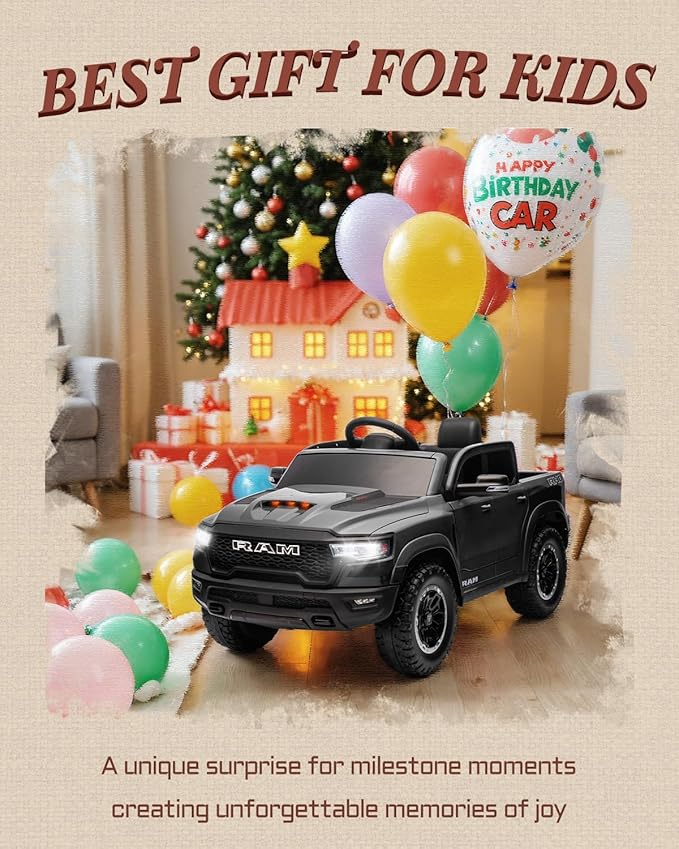12V Licensed Ram 1500 Ride on Toy for Kids, Toddler Ride on Pickup Truck with Parent Remote Control, Electric Car for Kids with Truck Bed Storage, 3 Point Safety Belt (Black)-CubbioJoy