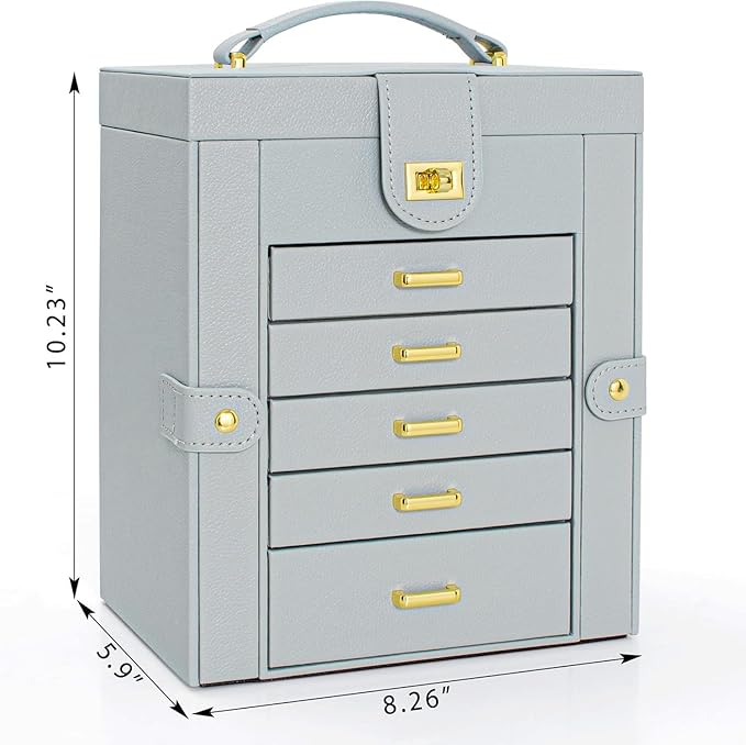 AKOZLIN Functional 6-Tier Jewelry Box Organizer with 5 Drawers Leather Jewelry Storage Case for Women Girls Ring Necklace Earring Bracelet Holder Organizer with Mirror Grey-CubbioJoy