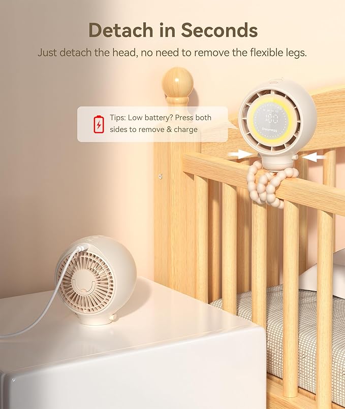 Dreamegg Portable Stroller Fan - 4000mAh Rechargeable Baby Stroller Fan With LED Display, Night Light, Hidden Blade, Detachable 4 Speed 360°Rotate, Handheld Cooling for Crib,Travel, Car Seat, Bedroom-CubbioJoy
