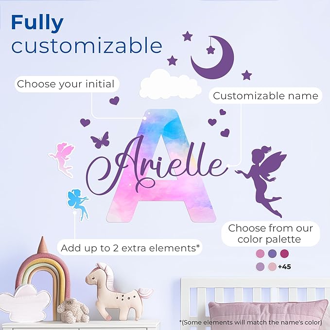 Custom Stickers Name Wall Decor I Personalized Name Sign for Room Decor | Multiple Custom Name & Initial I Decal for Baby Girl Nursery Decor I Nursery Wall Decal for Baby (A. Pink and Blue Sky)-CubbioJoy