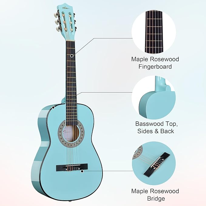 ADM Beginner Acoustic Classical Guitar 36 Inch Nylon Strings Wooden Guitar Bundle Kit for Kid Boy Girl Student Youth Guitarra Online Lessons with Gig Bag, Strap, Tuner, Strings, Picks, Socal Green-CubbioJoy