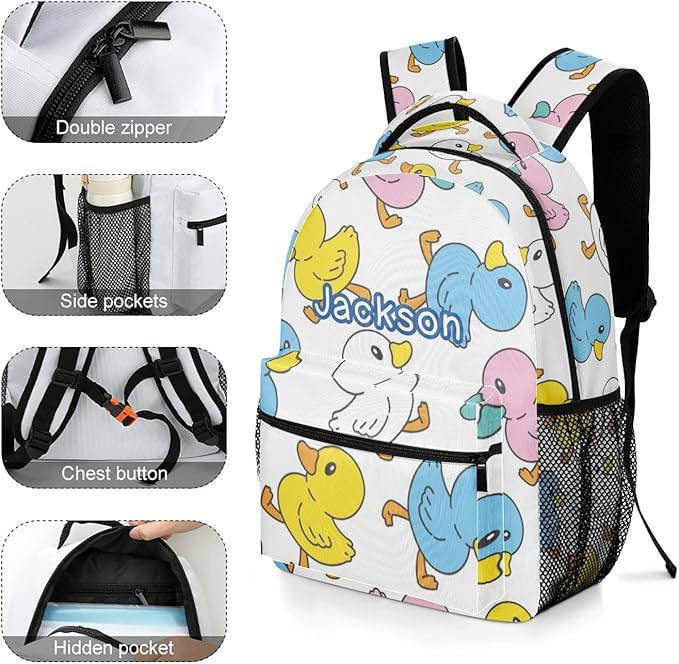 Duck Cartoon Doodle Custom Kids Backpack for Boy Girl, Personalized Waterproof Child School Travel Bag with Name, 16.5’’ X 12.2’’ X 5.9’’-CubbioJoy
