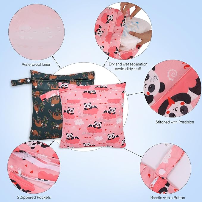 2pcs Cloth Diaper Wet Dry Bags, Waterproof Reusable Wet Bag with 2 Zipper Pockets & Handle, Washable Laundry Bags for Baby Adult Clothes Travel Beach Pool Daycare Yoga Gym Exercise Swimsuits,-CubbioJoy