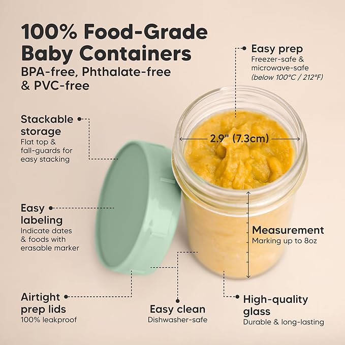 KeaBabies 4pk 8oz Glass Baby Food Containers with Lids - Leak-Proof, Microwavable Small Glass Jars, Baby Purees & Toddler Snack Storage Containers, BPA-Free, Dishwasher & Freezer Safe (Musk Dusk)-CubbioJoy