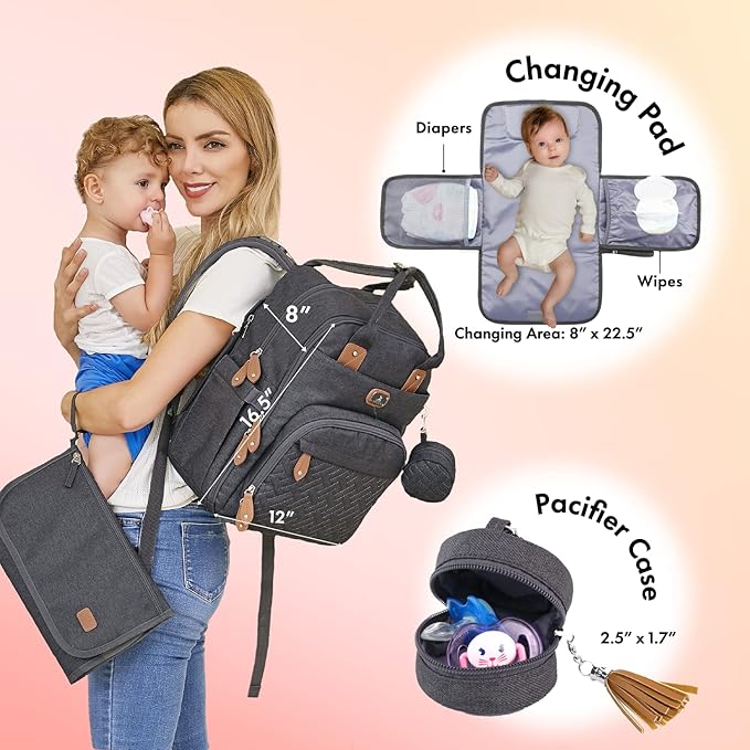 Dikaslon Diaper Bag Backpack with Portable Changing Pad, Pacifier Case and Stroller Straps, Large Unisex Baby Bags for Boys Girls, Multipurpose Travel Back Pack for Moms Dads, Dark Gray-CubbioJoy