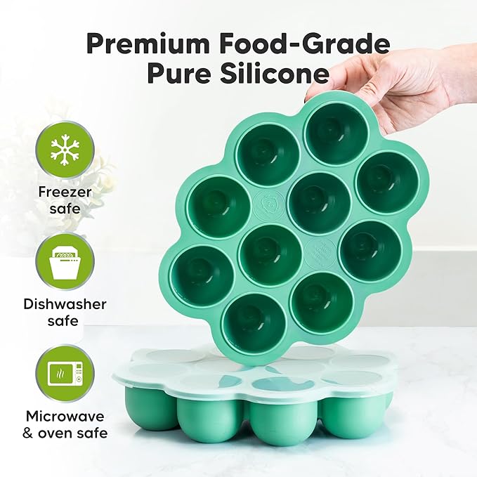 KeaBabies Silicone Food Freezer Trays with Lid, 2oz x 10 Pods Baby Food Storage Containers, Easy Puree Meal Prep, Breast Milk Silicone Freezer Molds, Dishwasher,Microwave Safe,BPA-Free(Alpine Green)-CubbioJoy