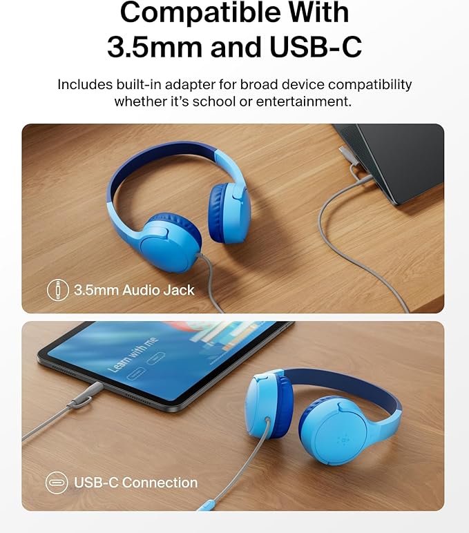 Belkin SoundForm Mini Kids Wired Headphones w/USB C to 3.5mm Dongle, Built-in Mic & Fun Stickers, 85dB Max Volume – for Online Learning, Travel, Compatible w/iPhone 16, iPad, Galaxy S25, etc - Blue-CubbioJoy