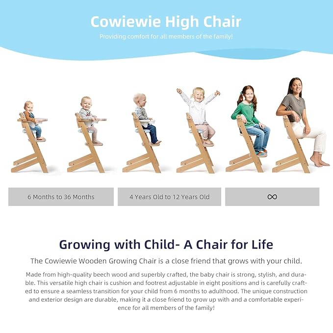 Cowiewie Natural Wooden High Chair for Babies & Toddlers 3-Tier Remove & Adjustable Tray, 8 Adjustable Highchair with Cushions, Portable (Blue)-CubbioJoy