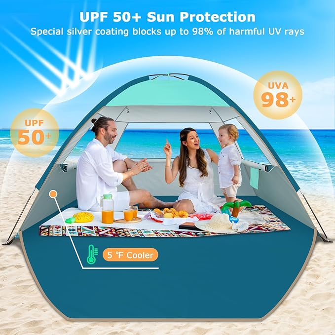 COMMOUDS Beach Tent Sun Shade for 3/4-5/6-7/8-10 Person, UPF 50+ Beach Sun Shelter Canopy Tent, Lightweight, Easy Set Up and Carry-CubbioJoy