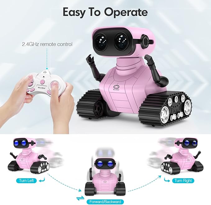 ALLCELE Girls Robot Toy, Rechargeable RC Robot for Kids, Remote Control Toy with Music and LED Eyes, Gift for Children Age 3 Years and Up - Pink-CubbioJoy