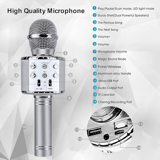 BlueFire 4 in 1 Karaoke Wireless Microphone with LED Lights, Portable Microphone for Kids, Great Gifts Toys for Kids, Girls, Boys and Adults (Silver)-CubbioJoy