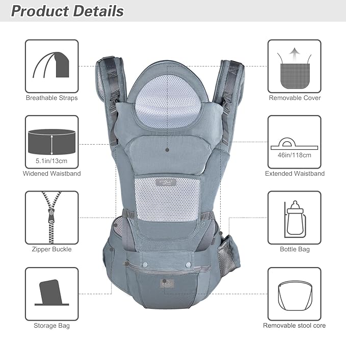 Baby Carrier Ergonomic Infant Carrier with Hip Seat Kangaroo Bag Soft Baby Carrier Newborn to Toddler 7-45lbs Front and Back Baby Holder Carrier for Men Dad Mom-CubbioJoy