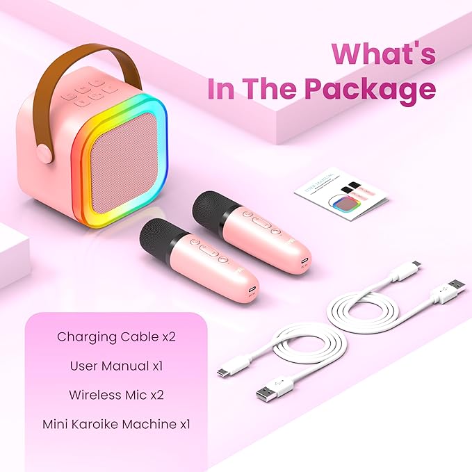 Karaoke Machine for Kids Adults, Portable Bluetooth Mini Karaoke Microphone Singing Speaker with 2 Mic and Light,Toys for All Smartphones,Birthday, Family,Home Party (Pink)-CubbioJoy