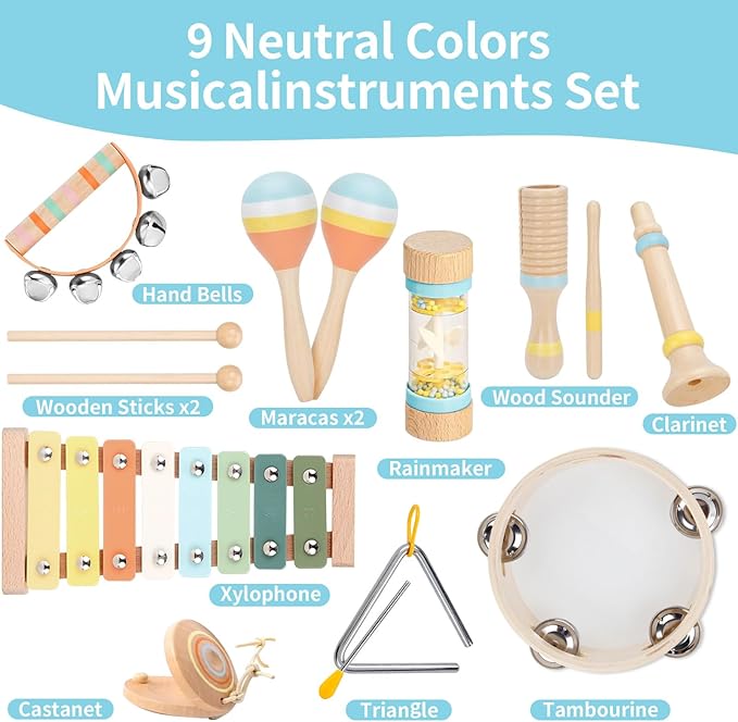 Baby Musical Instruments Set Wooden Montessori Toys for Toddlers 1-3 Percussion Instruments Set Modern Boho Music Toys for Kids Preschool Educational.-CubbioJoy