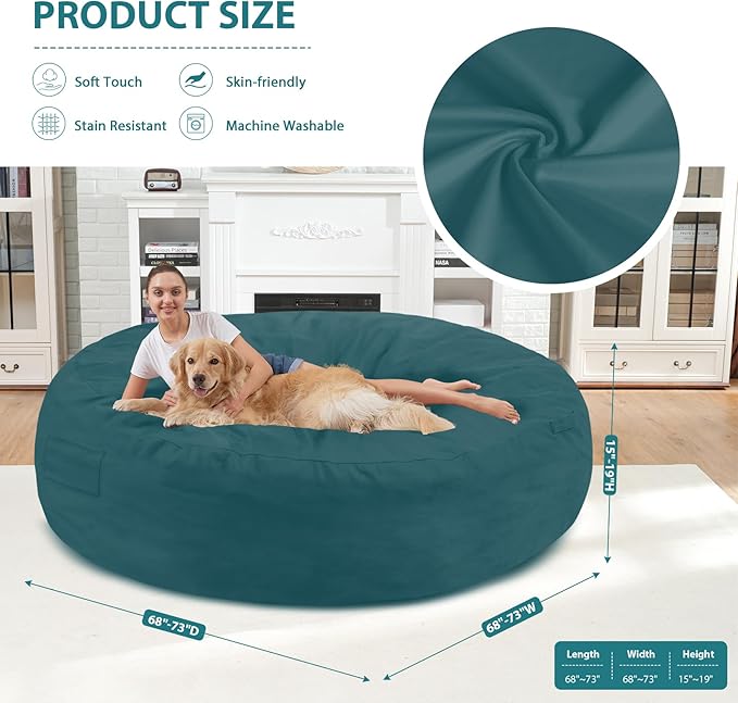 7FT Bean Bag Chair, Large Bean Bag Chairs with Memory Foam Filled, Fluffy Beanbag Sofa with Dutch Velvet Cover, Round BeanBag Chairs for Living Room, Playroom - Sea Blue-CubbioJoy