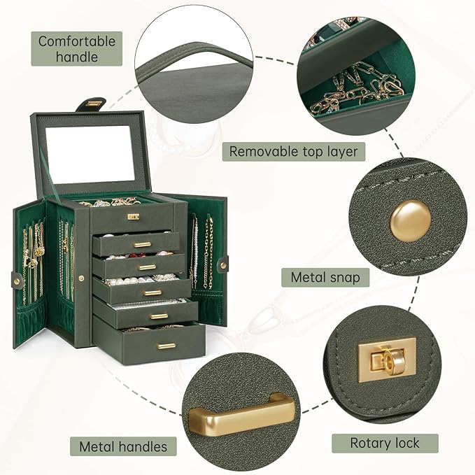 AKOZLIN Jewelry Box Organizer Functional Leather Jewelry Storage Case for Women Girls Ring Necklace Earring Bracelet Holder Organizer with Mirror-CubbioJoy