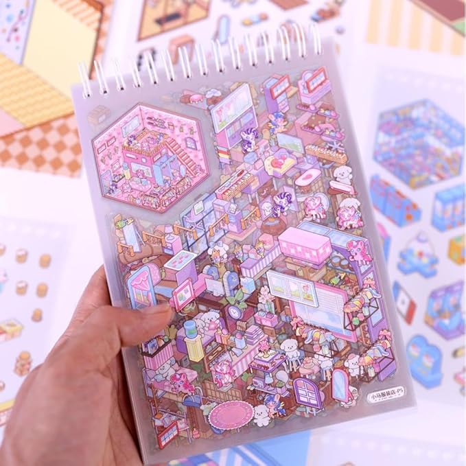 20 Sets DIY 3D Sticker Scenes for Adults with Tweezer, Kawaii 3D House Miniature Sticker Therapy, Make Your Own Mini Room Scene Collection Book for Adult Kids Relief Stress Pass The Time-CubbioJoy
