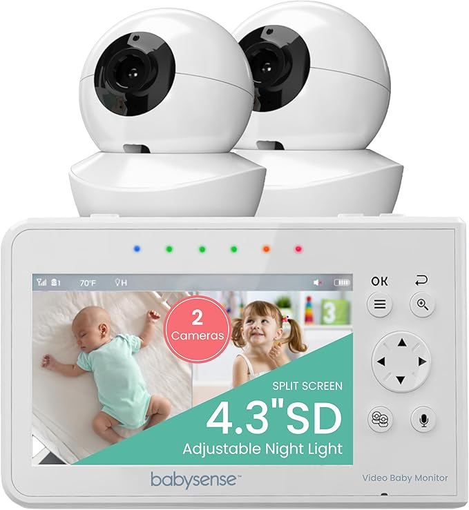Babysense Baby Monitor with 2 Cameras and Audio 4.3", Non Wifi Baby Monitor, Dual Split Screen, Portable Double Sleep Video Monitoring, Auto Night Vision & Light, Lullabies & White Noise Two-Way Audio-CubbioJoy