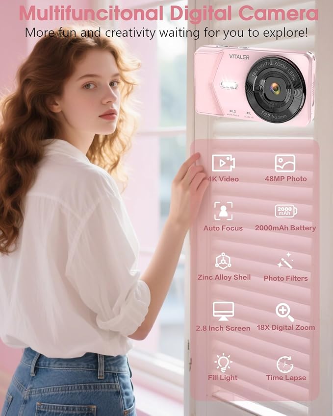 Digital Camera, Autofocus 48MP 4K Camera for Photography with 32GB Card, Portable Compact Point and Shoot Digital Camera for Teens Adult Beginner Kids with Metal Shell, 2000 mAh Battery-CubbioJoy