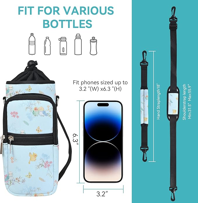 25/32/40/64oz Water Bottle Bag Holder Carrier-Insulated Crossbody Sling Case Sleeve with Strap & Pockets for Men Women Gym Cycling Travel Walking Hiking Camping-CubbioJoy