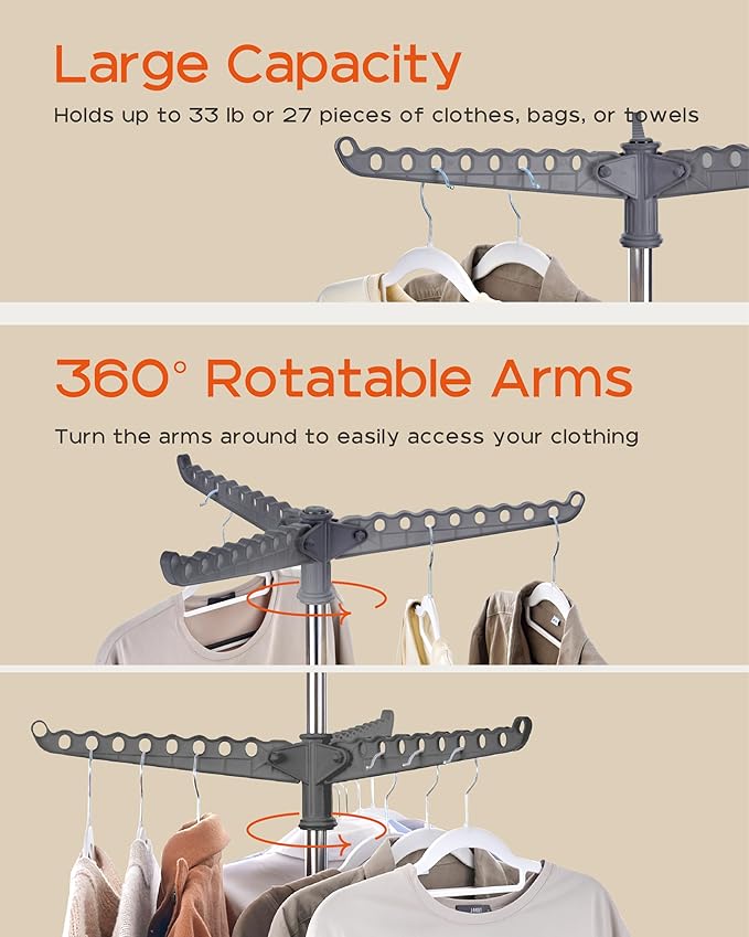 Clothes Drying Rack Foldable, 74.8 inch 2 Tier Laundry Drying Rack with Rotating Clothes Rail for 54 Pieces of Clothes, Space Saving, Indoor, Stainless Steel, Grey and Silver CDR002G01-CubbioJoy