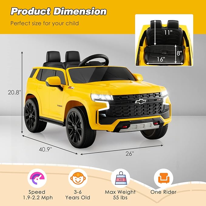 Costzon Ride on Car, 12V Licensed Chevrolet Tahoe Battery Powered Electric Vehicle w/ 2.4G Remote Control, High/Low Speed, Music, Lights, MP3/USB/FM, Spring Suspension, Electric SUV for Kids (Yellow)-CubbioJoy