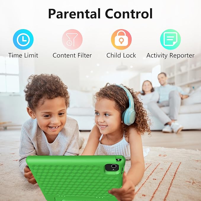 JREN Tablet for Kids｜10 Inch Kids Tablet Android 14｜Octa-core｜64GB｜WiFi ｜Bluetooth｜Parental Control｜Children Content｜Children Toddler Green-CubbioJoy