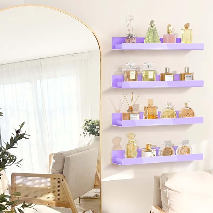 4 Pack 15 Inch Purple Acrylic Shelves, Kids Floating Bookshelf for Kids Room, Modern Nail Polish Rack Sunglasses Essential Oil Picture Ledge Display Toy Storage Wall Shelf-CubbioJoy