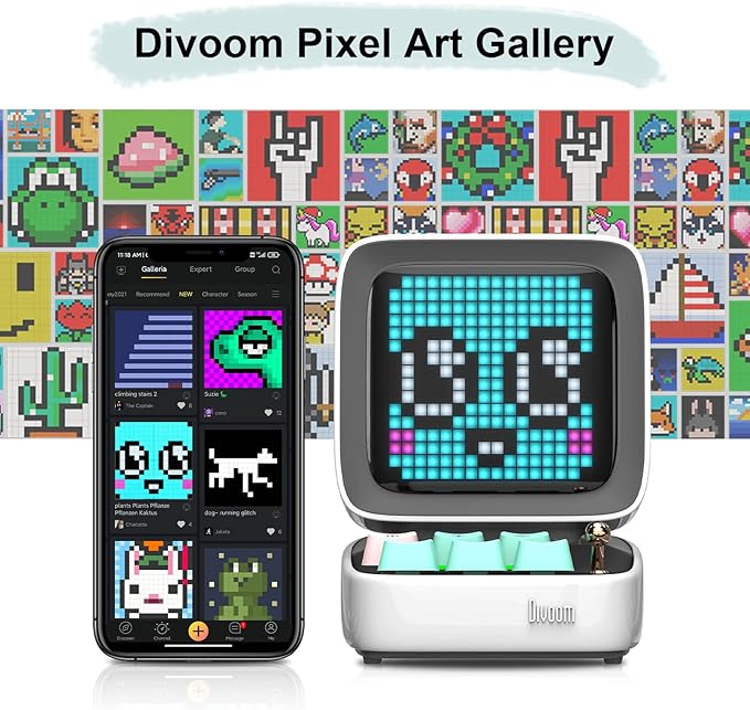 Divoom Ditoo Pixel Art Gaming Portable Bluetooth Speaker with App Controlled 16X16 LED Front Panel, Also a Smart Alarm (White)-CubbioJoy