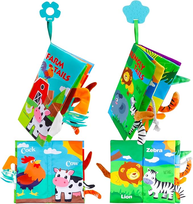 Baby Soft Cloth Crinkle Books Early Education Interactive Stroller Car Seat Sensory Toys with Tails Newborn Development Gifts for 0-6 Months Infants Toddler Baby Boys Girls(Jungle & Farm)-CubbioJoy