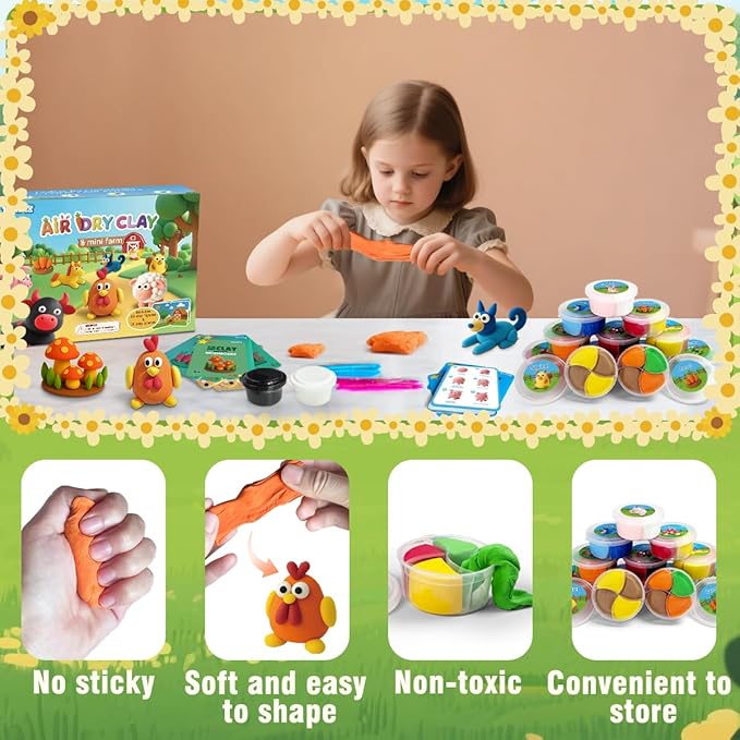BEIREG Air Dry Clay Farm Adventure Kit for Kids - 15 DIY Farm Animals & Vegetables with Tutorials, Ultra Soft Modeling Magic Clay, Safe Non-Toxic STEM Educational Craft Gift for Boys & Girls Ages 3-12-CubbioJoy