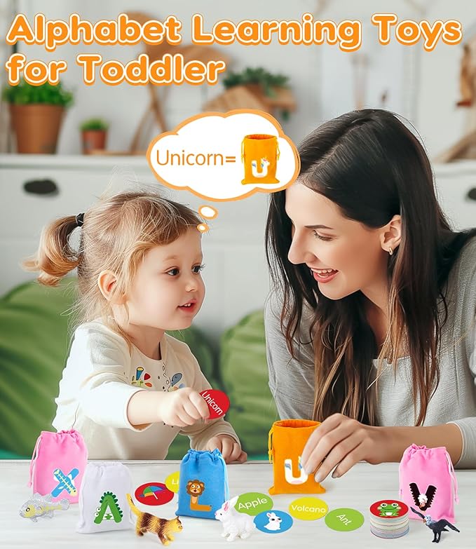 Alphabet Learning Toys for Toddlers, Word Work Small Group Set with 104 Phonics Flash Cards and 26 Animal Figurines, Fun Education Classroom Supplies Alphabet Sounds Teaching Games for Kids-CubbioJoy