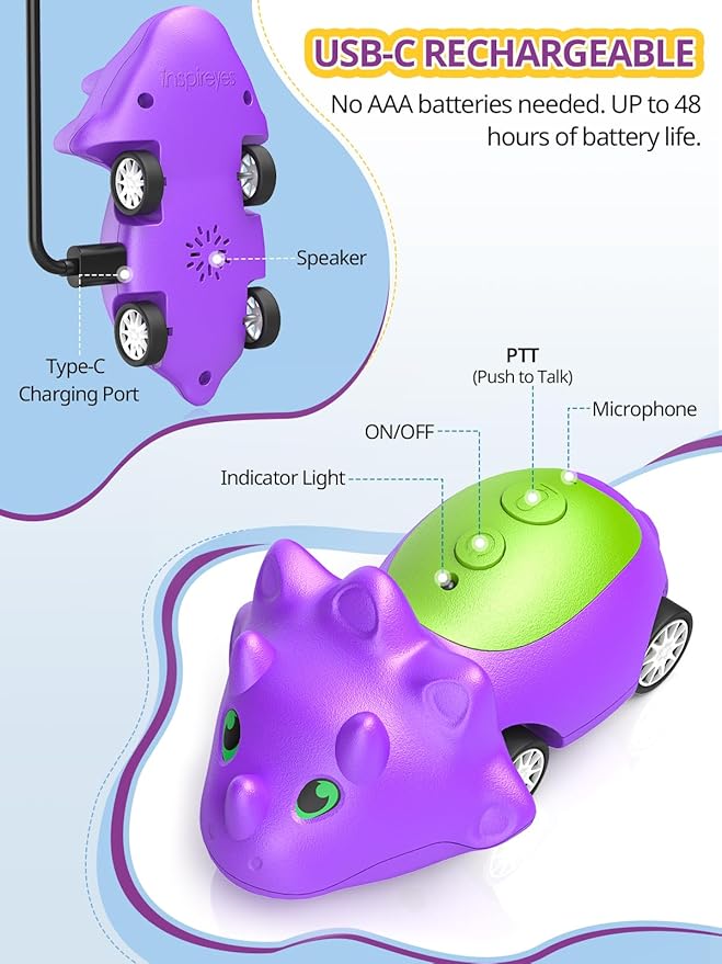 Dinosaur Walkie Talkies for Kids Rechargeable, Dino Toy Cars for Boys & Girls Ages 5-7, Crystal-Clear Audio, 48H Playtime, Fun Indoor & Backyard, 3 Year Old Boy Gift Birthday Xmas, 2 Pack-CubbioJoy