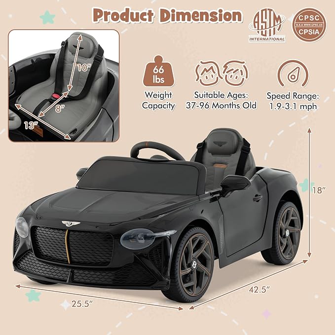 Costzon Ride on Car, 12V Licensed Bentley Bacalar Battery Powered Kids' Electric Vehicles w/Remote Control, Scissor Doors, Wireless Connection, Lights/Sound Effects, Kids Car Toys for Toddlers(Black)-CubbioJoy