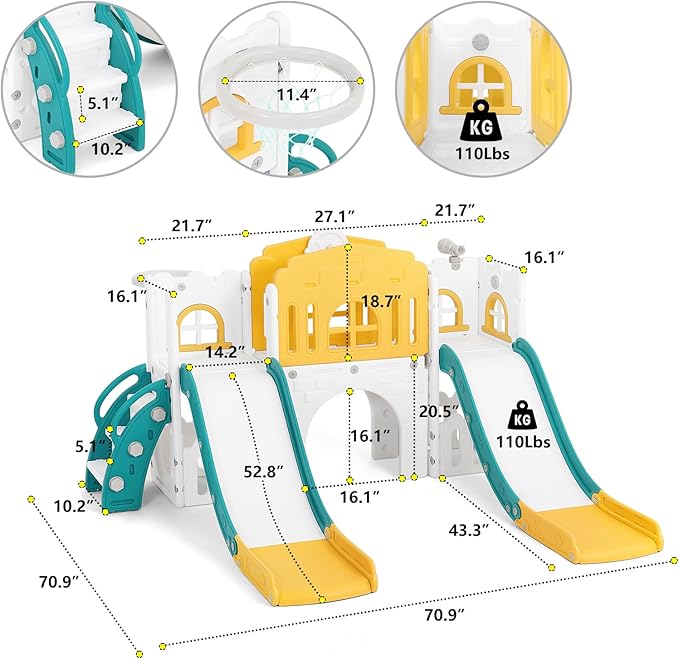 JOYLDIAS 9 in 1 Toddler Slide, Toddler Playground with Double Slides, Climber,Basketball Hoop,Tunnel, Telescope, Storage Space and Non-Slip Step, Indoor Outdoor Backyard Playset for Toddlers Age 1-3+-CubbioJoy