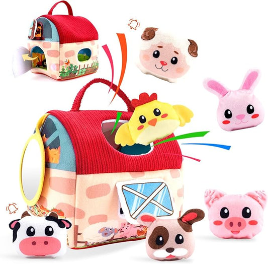 Baby Toys 6-12 Months, Soft Barn Toy with 6 Stuffed Farm Animals, Rattle, Crinkle, Mirror, Sensory Toys for Toddlers 1-3, 6 7 8 9 10 Month Old Baby Toys, Montessori Toys Gift for 1 Year Old Boy Girl-CubbioJoy