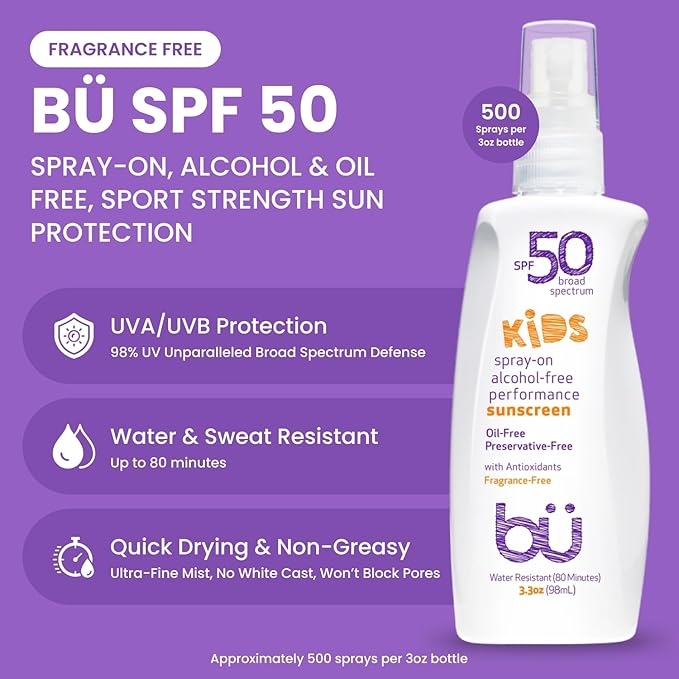 BU SPF 50 Fragrance Free Kids Sunscreen Spray for Face and Body, TSA Travel Size Sunscreen, Clear Non Aeorsol Spray, Non Greasy, Water Resistant and Oil Free, 3.3 oz (3-pack)-CubbioJoy