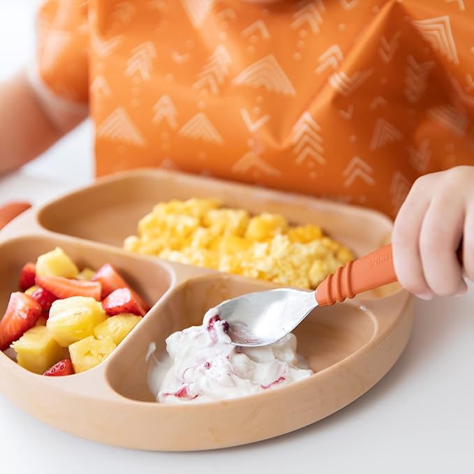 Bumkins Toddler Utensils, Kids Size Fork and Spoon Set, Silicone and Stainless-Steel Training Silverware, Angled Forks/Sporks for Self-Feeding, Children Hold Learning to Eat, 18 Months Up, Clay-CubbioJoy