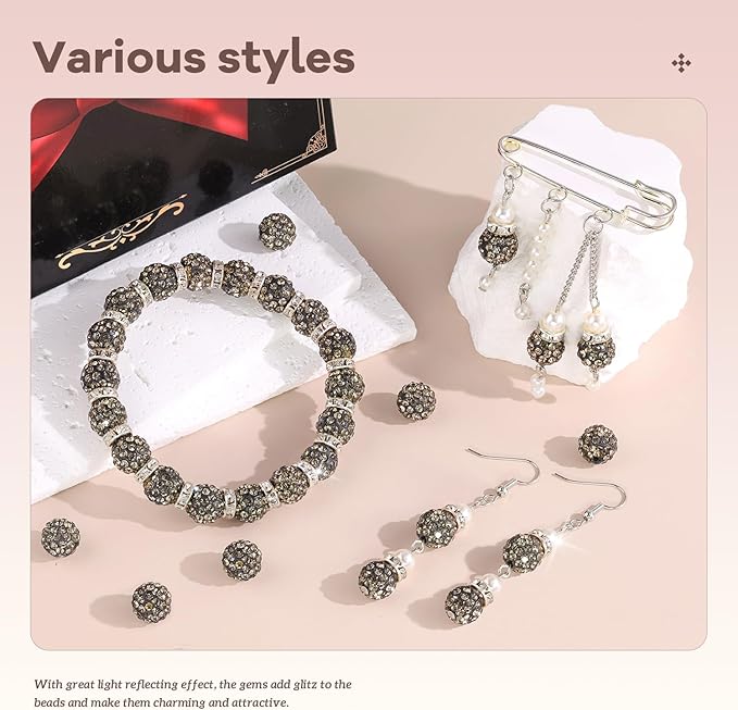 200pcs 10mm Rhinestone Beads for Jewelry Making, Gray Shiny Round Disco Ball Beads Bulk, Sparkle Crystal Clay Christmas for Bracelet Baseball Necklace Earring Crafting and DIY-CubbioJoy