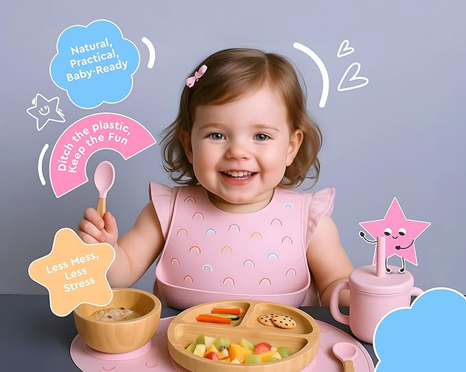 Bamboo Baby Feeding Set for Infants & Toddlers - Baby Essentials, Non-Toxic, Sustainable, Bamboo Suction Plate & Bowl, Bib, Sippy Cup w/Lid & Straw, Daily Use, Travel, Baby Shower Gifts (Pink)-CubbioJoy