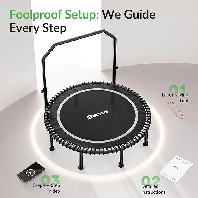 BCAN 40"/48" Mini Rebounder Trampoline for Adults with Bar, 450/550LBS Fitness Trampoline with Bungees, Adjustable Handle, Stable & Quiet, Indoor Outdoor, Whole-Body Workout & Relaxation at Home-CubbioJoy