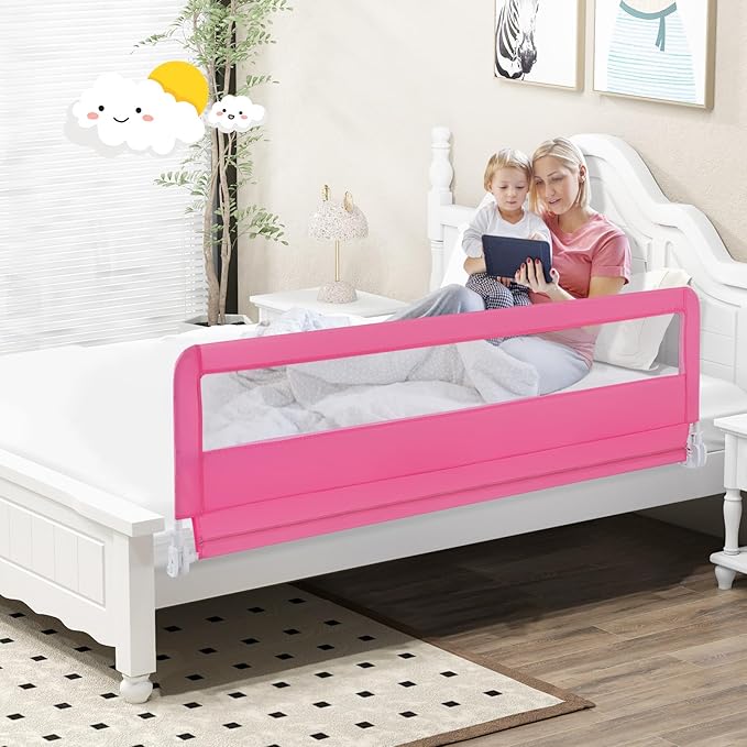 BABY JOY Bed Rails for Toddlers, 71'' Extra Long, Swing Down Bed Guard w/Safety Strap, Folding Baby Bedrail for Kids Twin, Double, Full Size Queen & King Mattress (71-Inch, Pink)-CubbioJoy