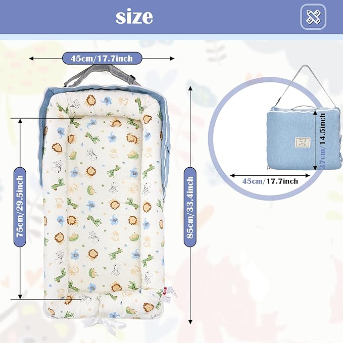 Baby Lounger for Newborn Portable Bag,Baby Nest Play Gym mat with Strap,Newborn Lounger Adjustable Size & Inner Zipper Lengthen Space to 24 Months,Animal World Blue-CubbioJoy