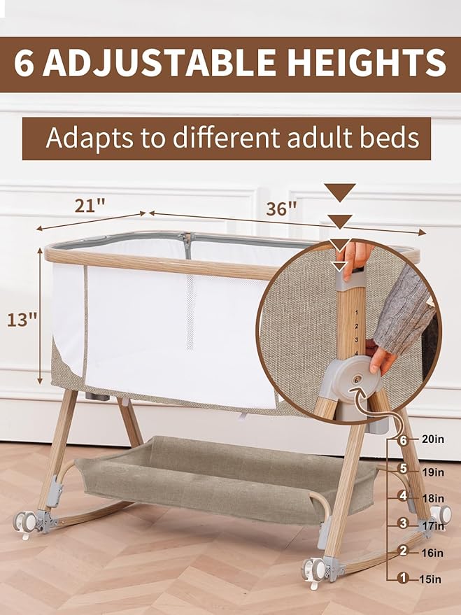 Baby Bassinet, Bassinet Bedside Sleeper with Waterproof Bassinet Sheets and Soft Mattress, Safe Adjustable Height Bedside Bassinets with Wheels, Girl/Boy Bassinets, Khaki-CubbioJoy