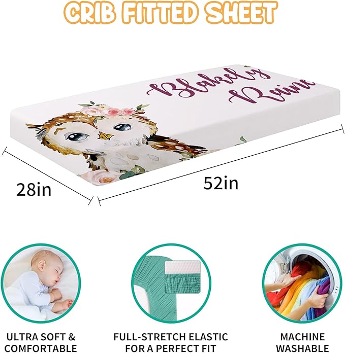 Custom Crib Bedding Set - Owl Design Personalized Name Baby Nursery Bed 3 Pcs Set - Chic Soft Blanket with Dotted Backing, Sheet, Pillowcase for Newborn Girls Boys Gifts Color22-CubbioJoy