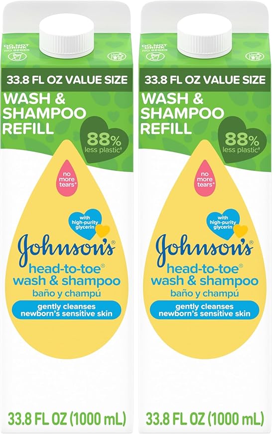 Johnson's Head-To-Toe Gentle Body Wash & Shampoo for Baby's Sensitive Skin & Hair, Tear-Free, Sulfate-Free & Hypoallergenic, Value Size Refill, 33.8 fl. oz (Pack of 2)-CubbioJoy